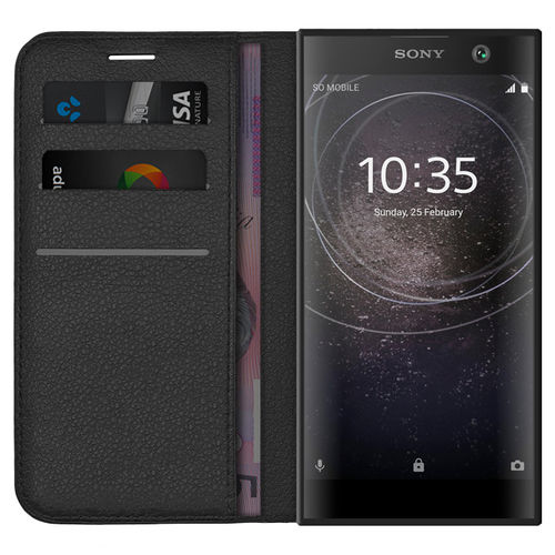 Leather Wallet Case & Card Holder Pouch for Sony Xperia XA2 - Black